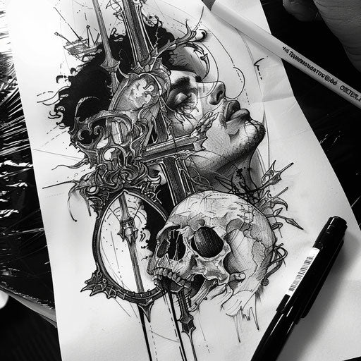 Gothic flat tattoo sketch for 13 tattoo with dark themes and silver highlights