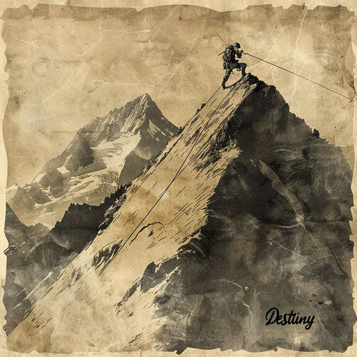 An adventurous tattoo sketch of a mountain climber reaching a peak where 'Destiny' awaits, in rugged earth tones, in an inspiring clipart style