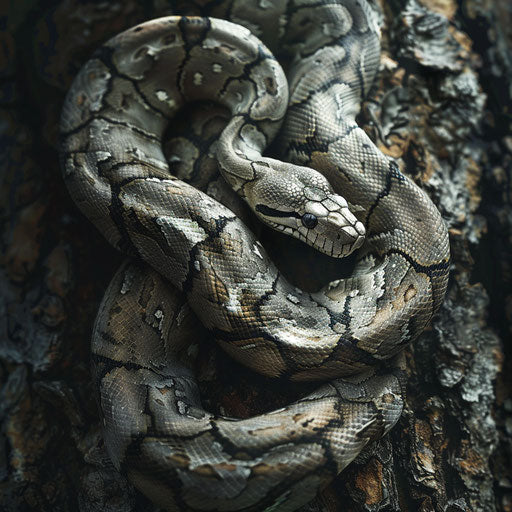 Snake coiled around a tree trunk