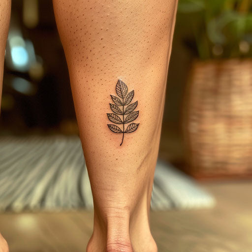 Simple tattoo of a small leaf, in the style of Maria Sibylla Merian, on the ankle
