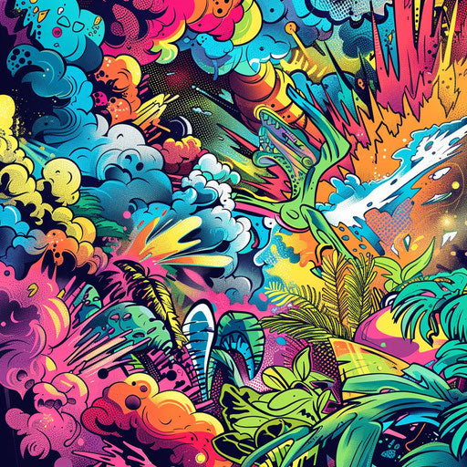 Explosions and animals in the jungle: pop art tattoo sketch