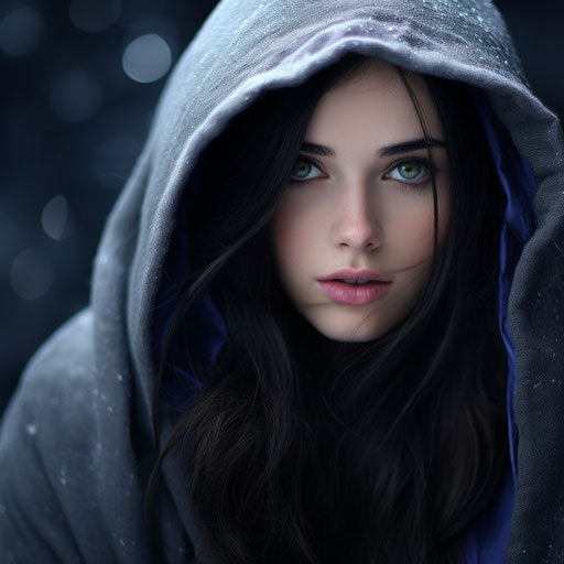 Girl with long dark hair and blue eyes with white hood