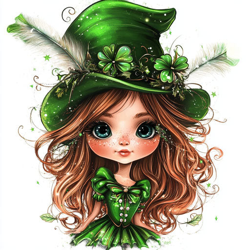 St. Patrick's Day girl with hat, feathers, and clovers, cute chibi style clipart
