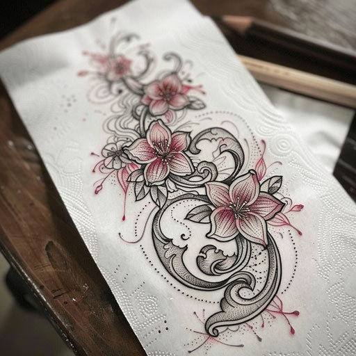 Elegant flat tattoo sketch of sakura blooms intertwined with traditional Japanese patterns