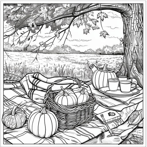 Cozy autumn picnic with pumpkins and hot drinks