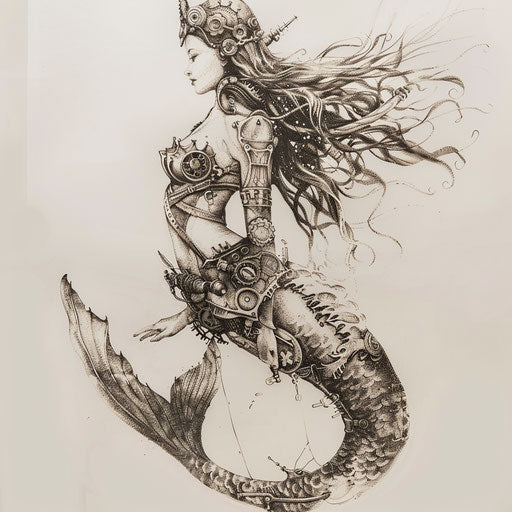 Steampunk mermaid tattoo on white background