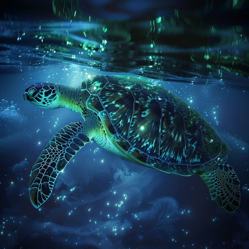 Green sea turtle swims among bioluminescent organisms
