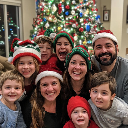 Family photo with goofy Christmas hats in front of a tree