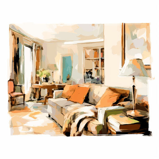 High-Res 4K Living Room Clipart in Impressionistic Art Style